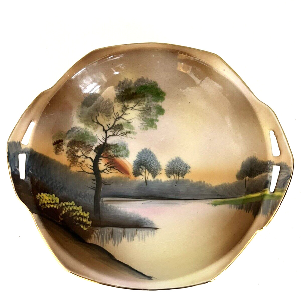 Noritake Vintage Bowl Handpainted Made in Japan Landscape Trees Water Green